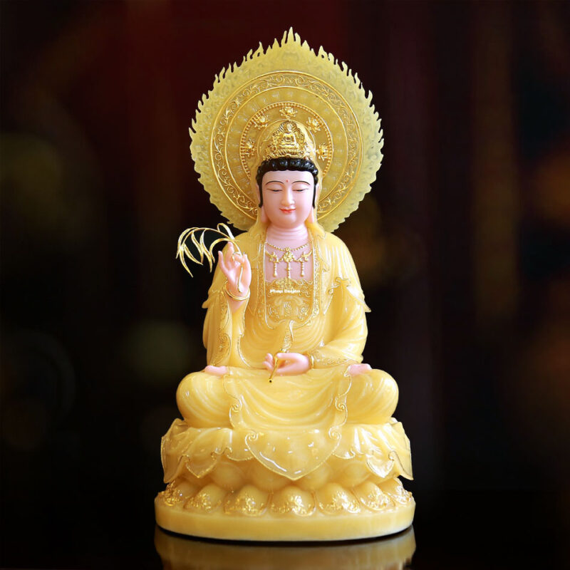 Tượng Quan Âm Bồ Tát Ngồi Đài Sen Bằng Bột Đá Thạch Anh Viền Vàng,  Cao 40cm (Tổng Lá Đề 60cm), Cao 48cm (Tổng Lá Đề 65cm)