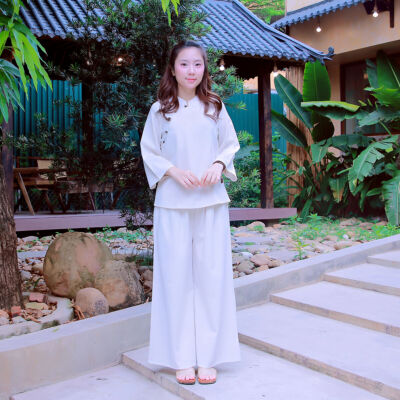Bộ Quần Áo Đi Chùa Nữ An Nhiên, Màu Trắng Ngà, Vải Linen