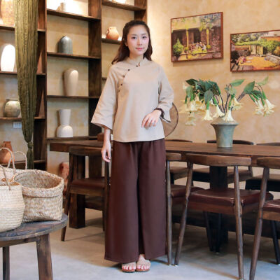 Bộ Quần Áo Đi Chùa Nữ An Nhiên, Áo Be Quần Nâu, Vải Linen
