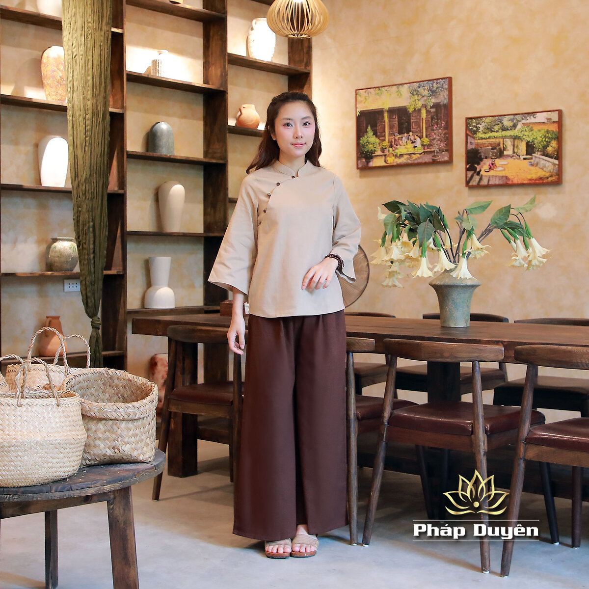 Bộ Quần Áo Đi Chùa Nữ An Nhiên, Áo Be Quần Nâu, Vải Linen - ảnh 11