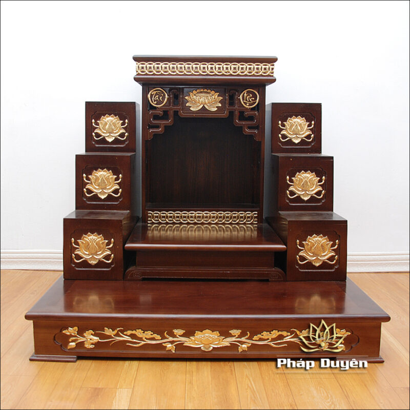 Combo Ban Thần Tài Thổ Địa Mái Bằng Hoa Sen, Gỗ Xoan Màu Óc Chó Dát Vàng, Kích Thước 89*89*82cm - Ảnh 4