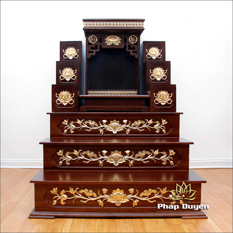 Combo Ban Thần Tài Thổ Địa Mái Bằng Hoa Sen, Gỗ Xoan Màu Óc Chó Dát Vàng, Kích Thước 89*114*118cm - Ảnh 4