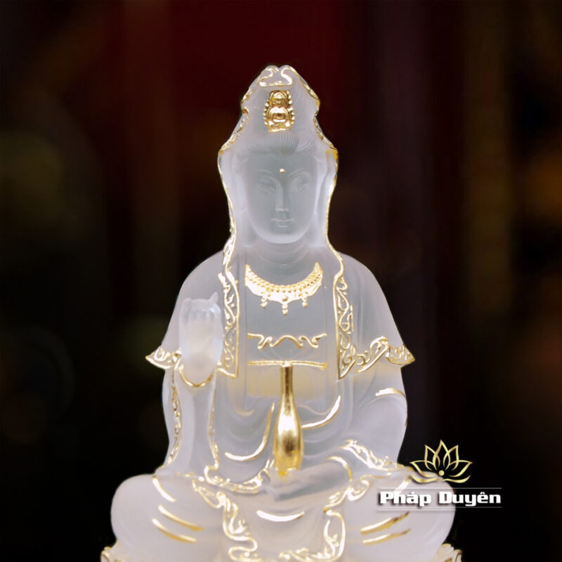 Tượng Phật Bà Quan Âm Ngồi, Chất Liệu Lưu Ly Màu Trắng, Cao 22cm - Ảnh 2
