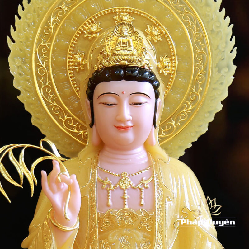 Tượng Quan Âm Bồ Tát Ngồi Đài Sen Bằng Bột Đá Thạch Anh Viền Vàng,  Cao 40cm (Tổng Lá Đề 60cm), Cao 48cm (Tổng Lá Đề 65cm) - Ảnh 2
