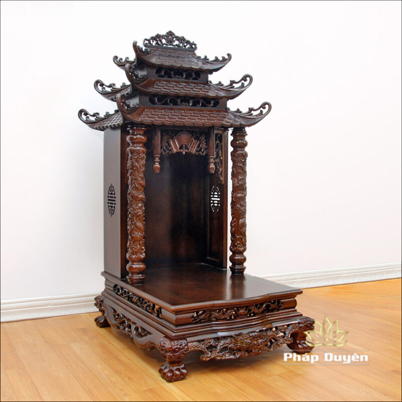Bàn Thờ Thần Tài Thổ Địa, Song Long Cổ Tự 12 Mái, Gỗ Hương Màu Óc Chó, Kích Thước 48*61*112cm - Ảnh 2