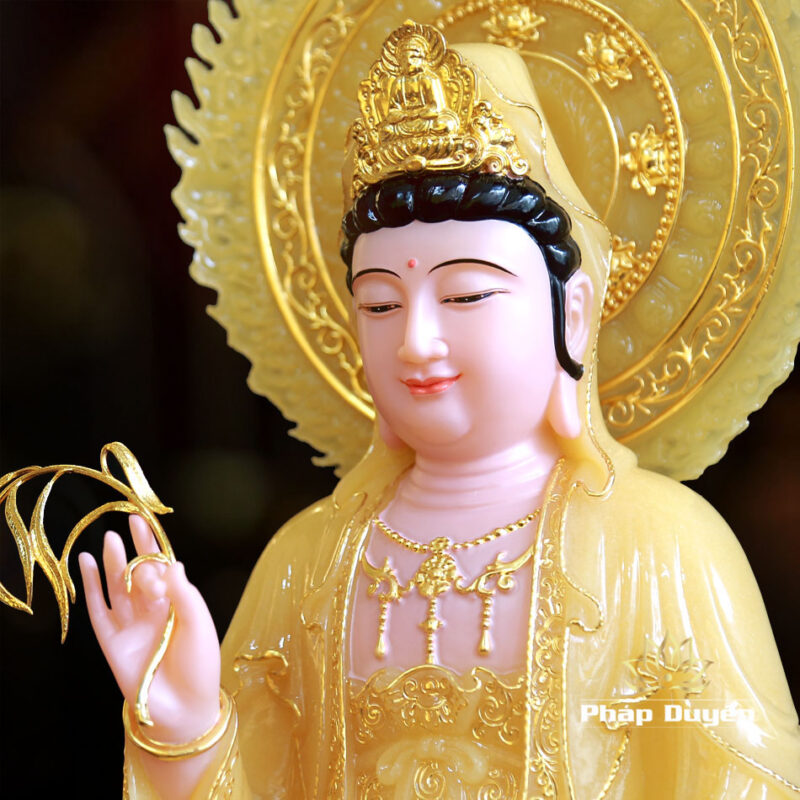 Tượng Quan Âm Bồ Tát Ngồi Đài Sen Bằng Bột Đá Thạch Anh Viền Vàng,  Cao 40cm (Tổng Lá Đề 60cm), Cao 48cm (Tổng Lá Đề 65cm) - Ảnh 3
