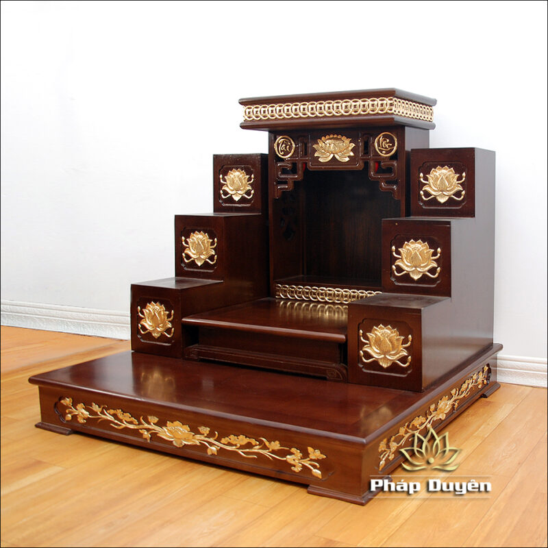 Combo Ban Thần Tài Thổ Địa Mái Bằng Hoa Sen, Gỗ Xoan Màu Óc Chó Dát Vàng, Kích Thước 89*89*82cm - Ảnh 3