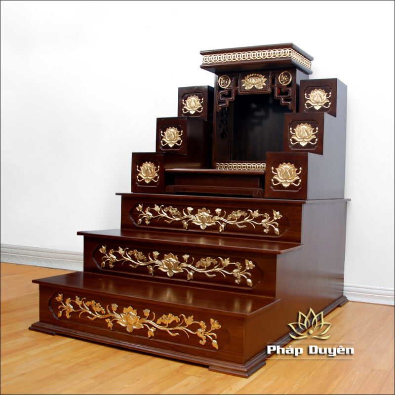 Combo Ban Thần Tài Thổ Địa Mái Bằng Hoa Sen, Gỗ Xoan Màu Óc Chó Dát Vàng, Kích Thước 89*114*118cm - Ảnh 2