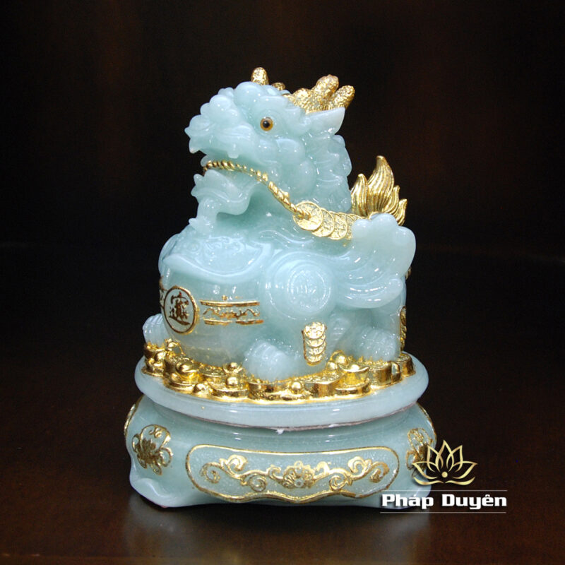 Tỳ Hưu Tài Lộc Ngậm Tiền, Bằng Bột Đá Xanh Ngọc Viền Vàng, Cao 16cm - Ảnh 2