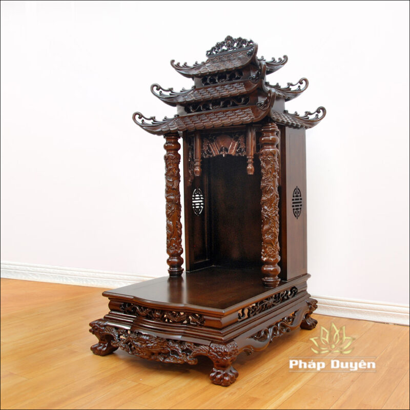 Bàn Thờ Thần Tài Thổ Địa, Song Long Cổ Tự 12 Mái, Gỗ Hương Màu Óc Chó, Kích Thước 48*61*112cm - Ảnh 3