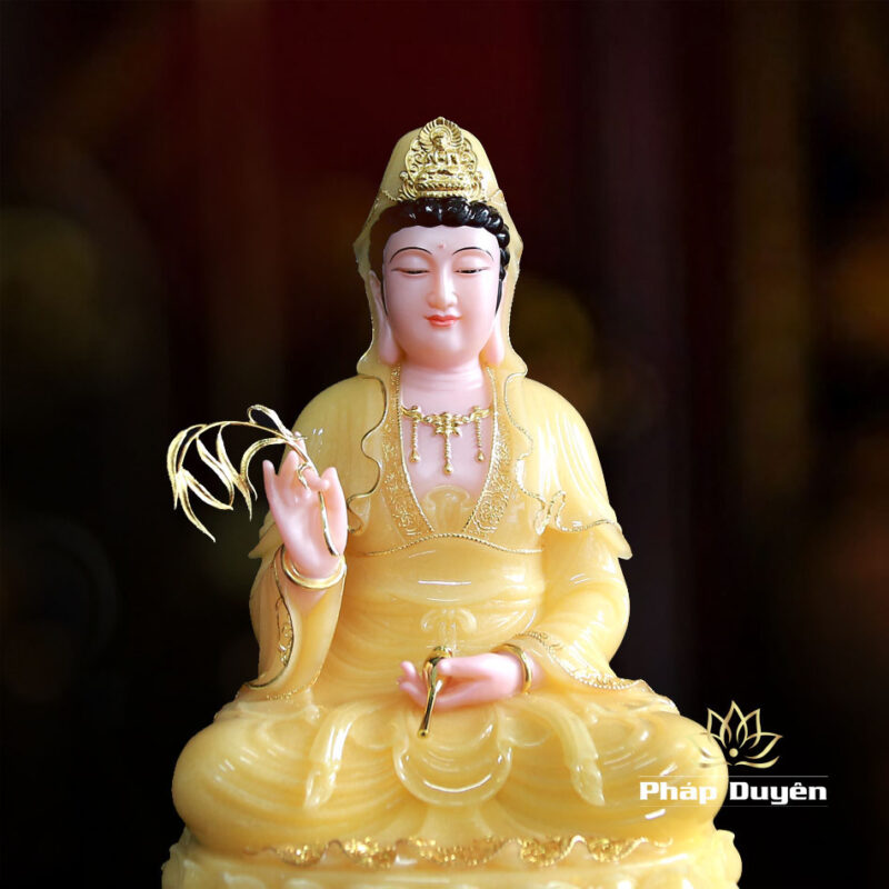 Tượng Quan Âm Bồ Tát Ngồi Đài Sen Bằng Bột Đá Thạch Anh Viền Vàng, Cao 40cm - Ảnh 4