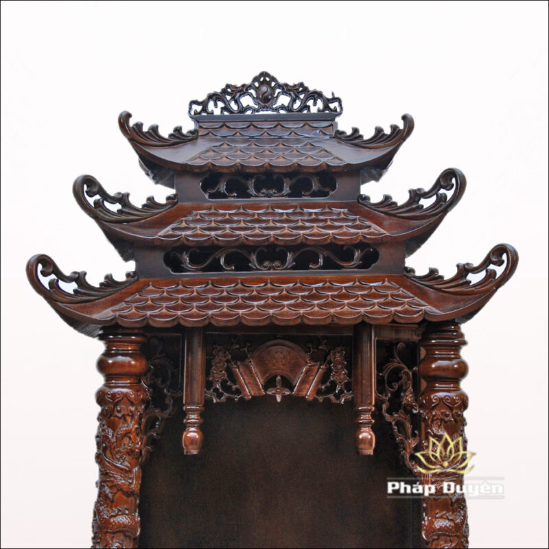 Bàn Thờ Thần Tài Thổ Địa, Song Long Cổ Tự 12 Mái, Gỗ Hương Màu Óc Chó, Kích Thước 48*61*112cm - Ảnh 5