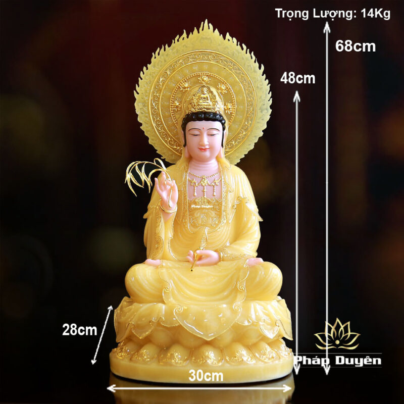 Tượng Quan Âm Bồ Tát Ngồi Đài Sen Bằng Bột Đá Thạch Anh Viền Vàng,  Cao 40cm (Tổng Lá Đề 60cm), Cao 48cm (Tổng Lá Đề 65cm) - Ảnh 7