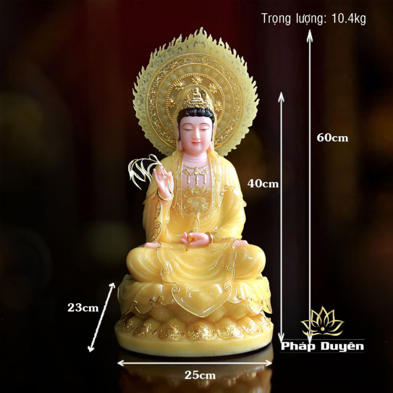 Tượng Quan Âm Bồ Tát Ngồi Đài Sen Bằng Bột Đá Thạch Anh Viền Vàng,  Cao 40cm (Tổng Lá Đề 60cm), Cao 48cm (Tổng Lá Đề 65cm) - Ảnh 6