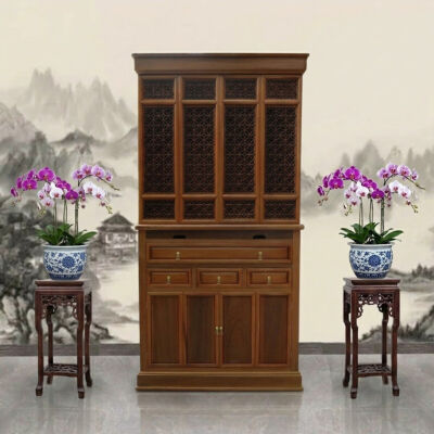 Tủ Thờ Phật - Thờ Gia Tiên, Bằng Gỗ Gõ Vàng Màu Hương Nhạt, Kích Thước 107*61*205cm