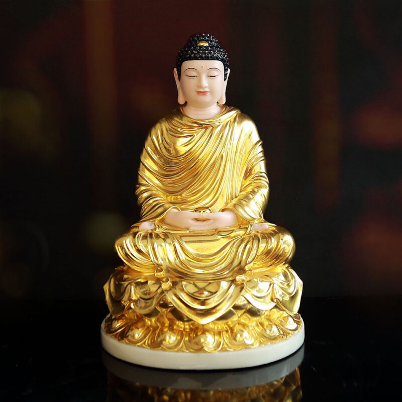 Tượng Thích Ca Tĩnh Tâm Ngồi Đài Sen Bằng Bột Đá Dát Vàng 998, Cao 48cm