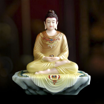 Tượng Bổn Sư Thích Ca Ngồi Tĩnh Tâm Trên Bệ Đá Mầu Vàng Nâu Vẽ Gấm Bằng Bột Đá, Cao 48cm/88cm