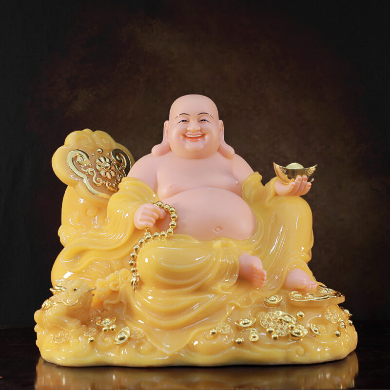 Tượng Di Lặc Bồ Tát Ngồi, Bằng Bột Đá Thạch Anh Vàng, 30-40cm