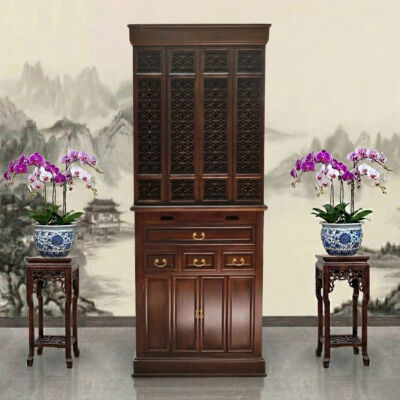 Tủ Thờ Phật - Thờ Gia Tiên, Bằng Gỗ Gõ Vàng Màu Óc Chó, Kích Thước 81*61*205cm
