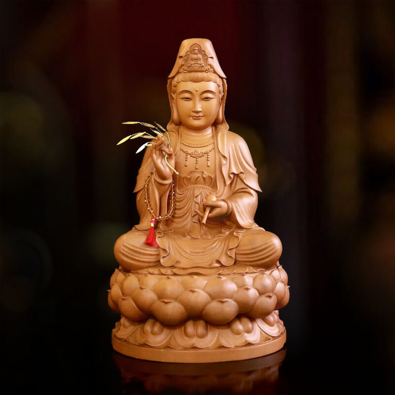 Tượng Bồ Tát Quán Âm Ngồi Đài Sen Bằng Gỗ Hương Chương (Long Não), Cao 48cm