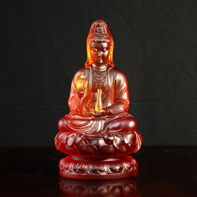 Tượng Quan Âm Ngồi, Bằng Đá Lưu Ly Màu Hổ Phách, Cao 25cm