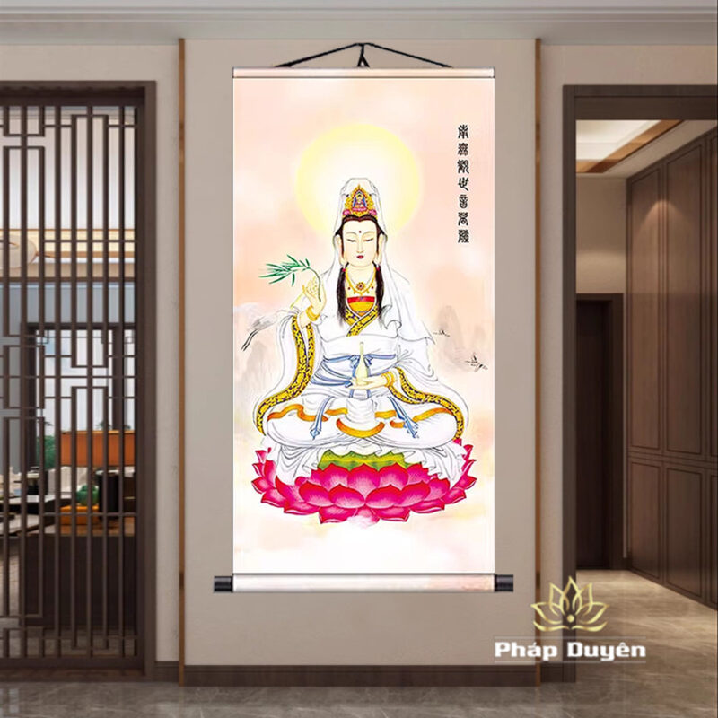 Tranh Quan Âm Bồ Tát, Vải Lụa Trục Gỗ, Nhiều Kích Thước - Ảnh 2