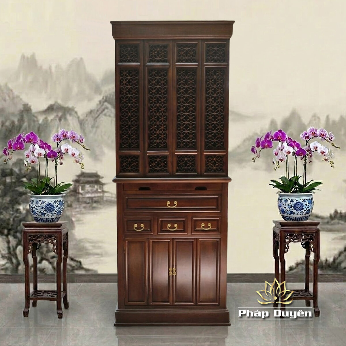 Tủ Thờ Phật - Thờ Gia Tiên, Bằng Gỗ Gõ Vàng Màu Óc Chó, Kích Thước 81*61*205cm - ảnh 4