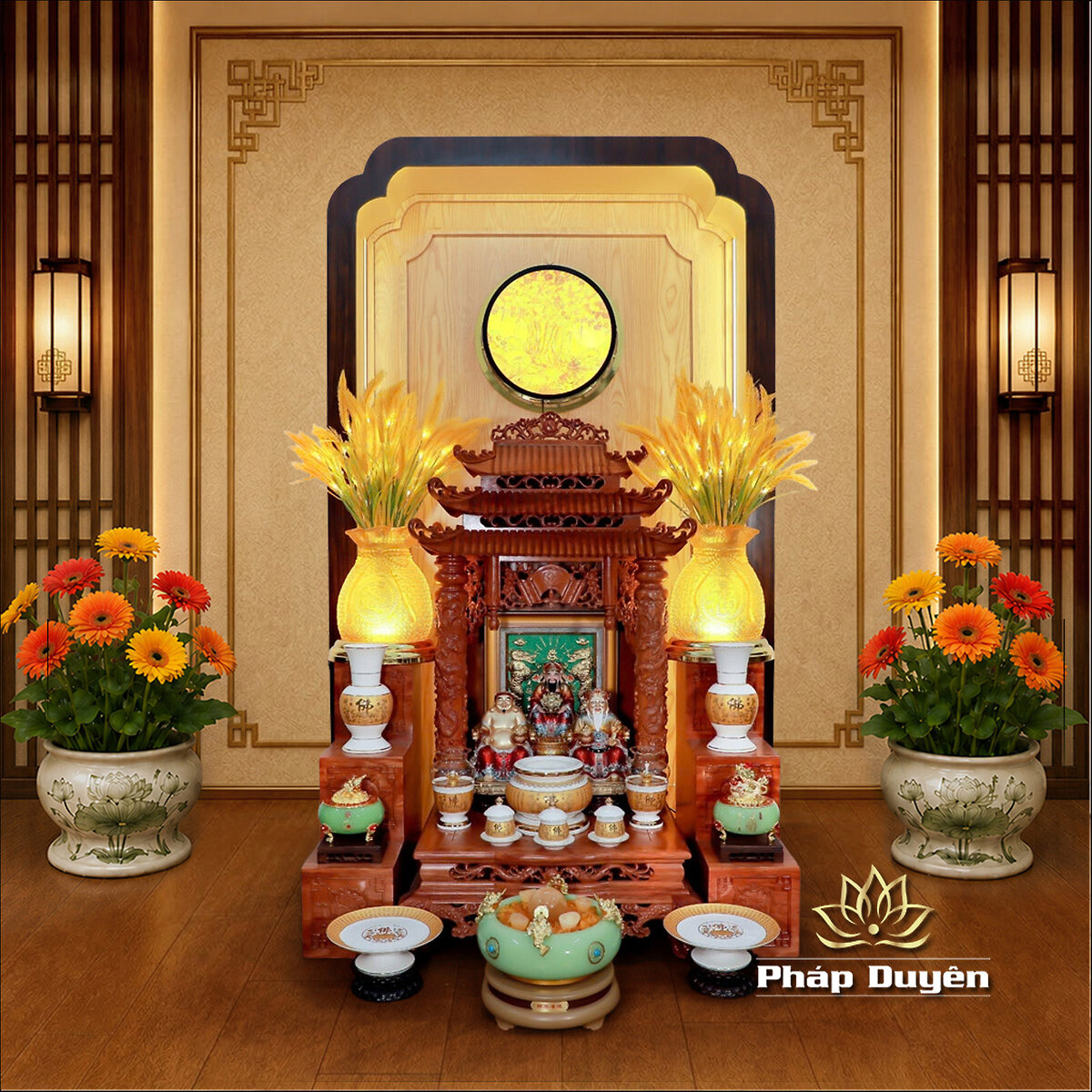 Bộ Bàn Thờ Thần Tài Thổ Địa Đầy Đủ, Song Long Cổ Tự 12 Mái, Gỗ Hương Sơn Bóng, Kích Thước 107*107*138cm - ảnh 3
