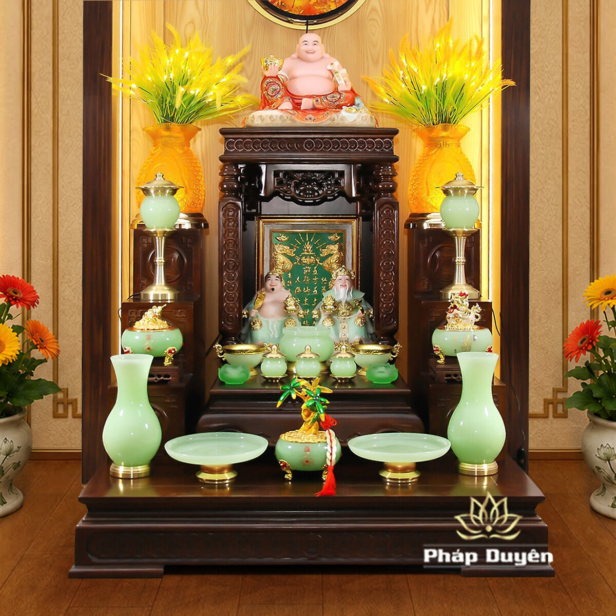 Bộ Ban Thờ Thần Tài Thổ Địa Đầy Đủ Mái Bằng, Trụ Vuông Đồng Tiền, Gỗ Hương Màu Óc Chó, Kích Thước 97*97*94cm - ảnh 3