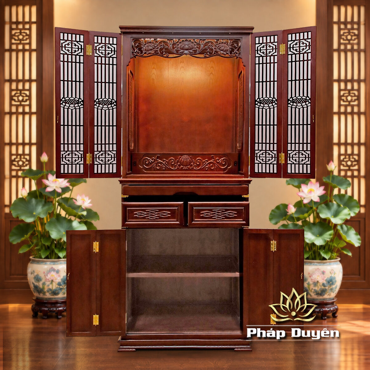 Tủ Thờ Phật - Gia Tiên Bốn Cánh "Liên Hoa", Chất Liệu Gỗ Sồi/Lát/Hương Đá, Nhiều Kích Thước - ảnh 3
