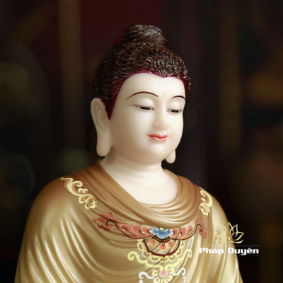 Alternative view of Tượng Bổn Sư Thích Ca Ngồi Tĩnh Tâm Trên Bệ Đá Mầu Vàng Nâu Vẽ Gấm Bằng Bột Đá, Cao 48cm/88cm