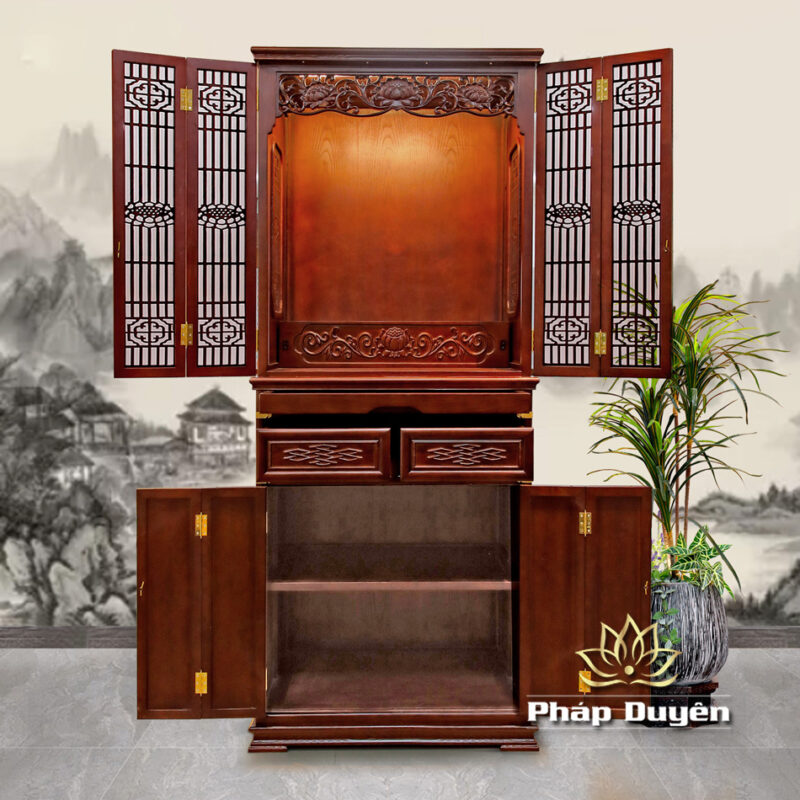 Tủ Thờ Phật - Gia Tiên Bốn Cánh "Liên Hoa", Chất Liệu Gỗ Sồi/Lát/Hương Đá, Nhiều Kích Thước - Ảnh 2