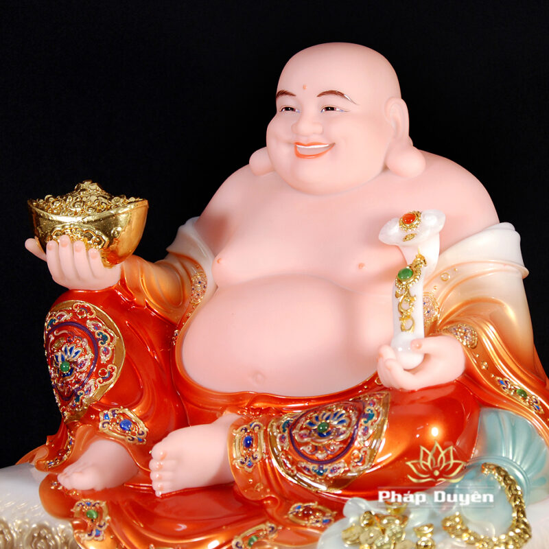 Tượng Phật Di Lặc Bồ Tát Ngồi Nằm, Bằng Bột Đá Sơn Vẽ Đỏ, Cao 30-40cm - Ảnh 4