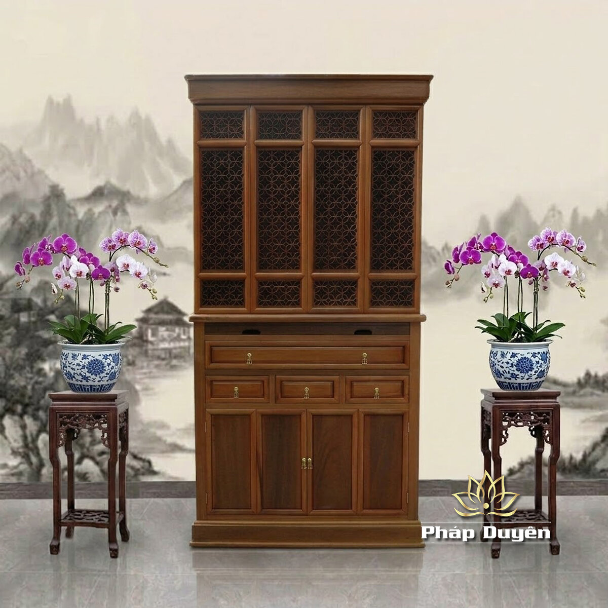 Tủ Thờ Phật - Thờ Gia Tiên, Bằng Gỗ Gõ Vàng Màu Hương Nhạt, Kích Thước 107*61*205cm - ảnh 6