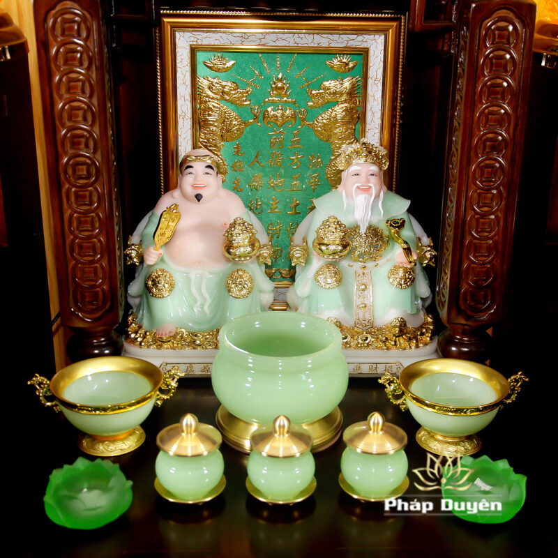 Bộ Ban Thờ Thần Tài Thổ Địa Đầy Đủ Mái Bằng, Trụ Vuông Đồng Tiền, Gỗ Hương Màu Óc Chó, Kích Thước 97*97*94cm - Ảnh 7