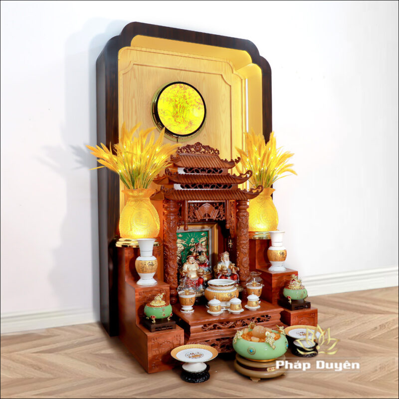 Bộ Bàn Thờ Thần Tài Thổ Địa Đầy Đủ, Song Long Cổ Tự 12 Mái, Gỗ Hương Sơn Bóng, Kích Thước 107*107*138cm - Ảnh 2