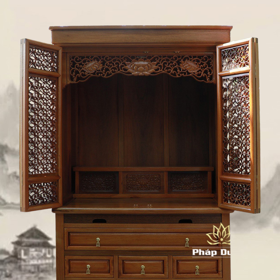 Tủ Thờ Phật - Thờ Gia Tiên, Bằng Gỗ Gõ Vàng Màu Hương Nhạt, Kích Thước 107*61*205cm - ảnh 8