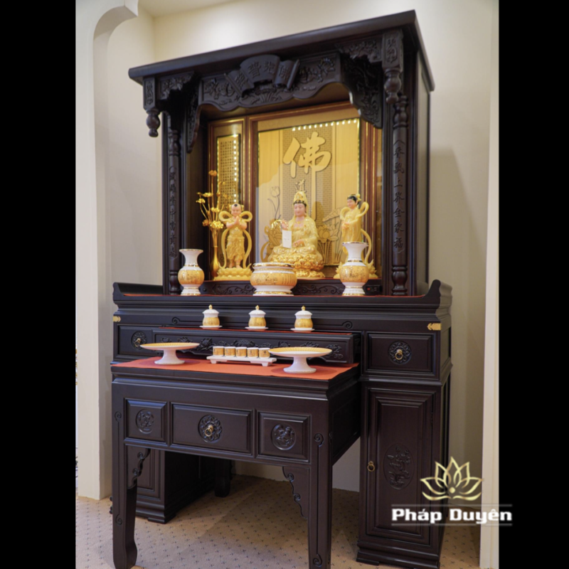 Ban Thờ Gia Tiên, Ban Thờ Phật Chữ Nho Song Lầu, Gỗ Hương Đá, Màu Óc Chó, KT 155*69*232 cm - Ảnh 2