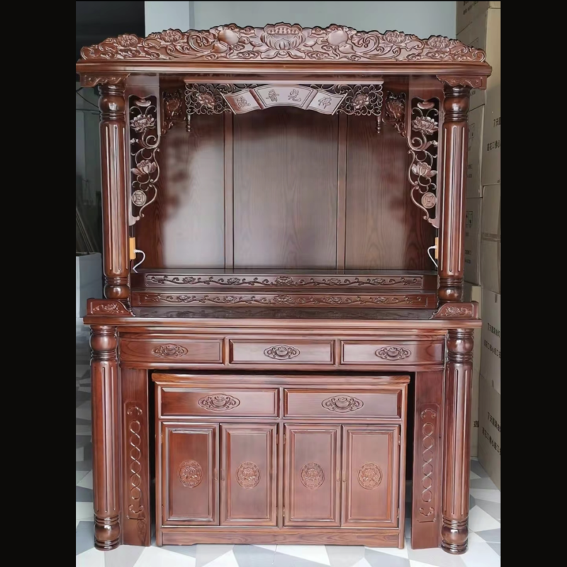 Tủ Thờ Chữ Nho Bằng Gỗ Gõ Vàng, Màu Cánh Gián, Kích Thước 107*68*232cm