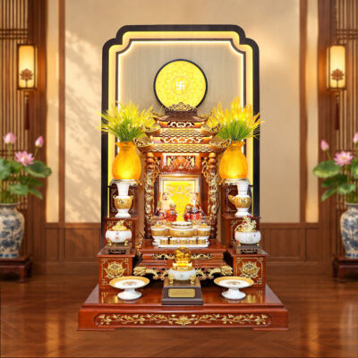 Bộ Bàn Thờ Thần Tài Thổ Địa Sứ Trắng Tâm Kinh “Thiên Đức” Dát Vàng, KT 97*97*125cm