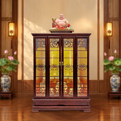 Tủ Thờ Thần Tài Thổ Địa Sứ Trắng Viền Vàng “Bảo Liên Khám”, KT 81*48*107 cm