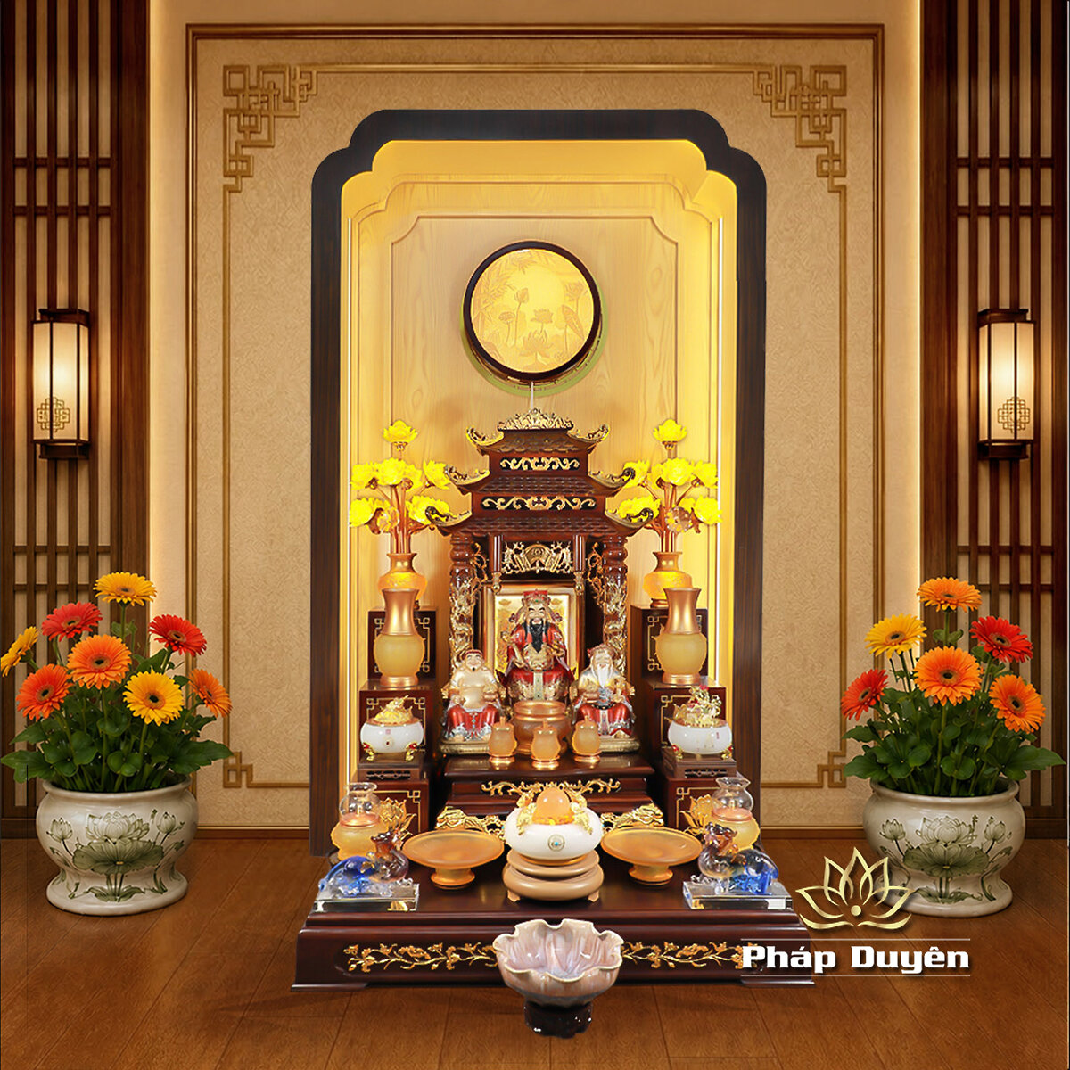 Bộ Ban Thờ Thần Tài Thổ Địa Đầy Đủ, Song Long Cổ Tự 12 Mái, Gỗ Hương Màu Óc Chó Dát Vàng, Kích Thước 97*97*125cm - ảnh 2