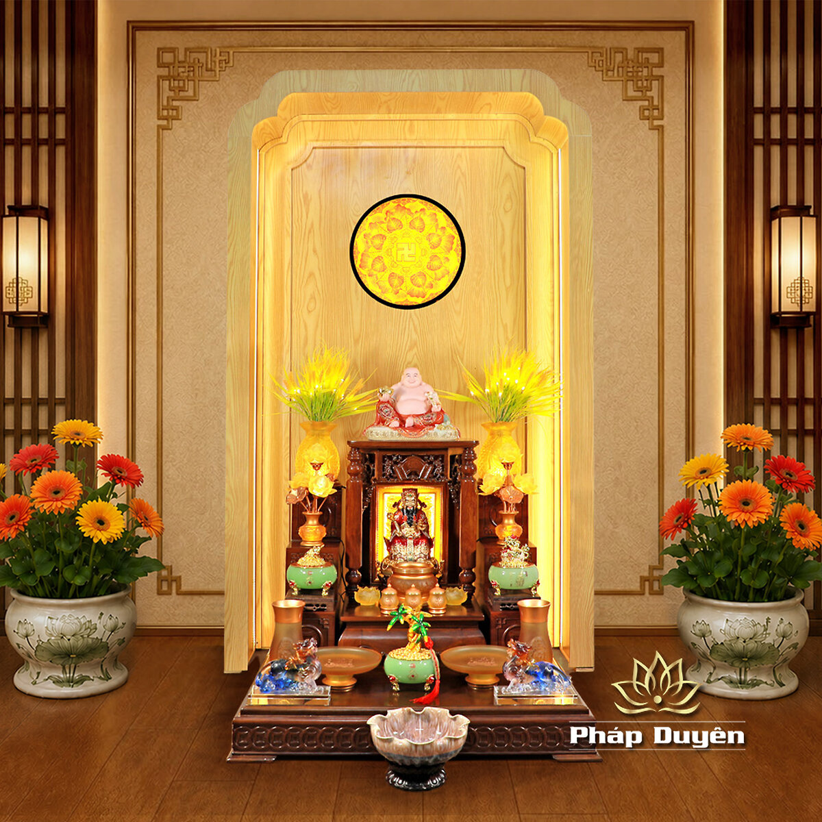 Bộ Bàn Thờ Thần Tài Thổ Địa Mái Bằng Đầy Đủ, Trụ Trơn, Gỗ Hương Màu Óc Chó, Kích Thước 87*87*78cm - ảnh 2