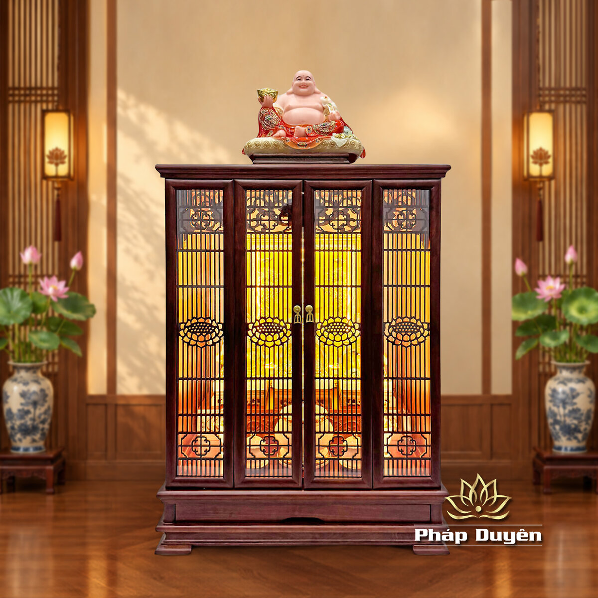 Tủ Thờ Thần Tài Thổ Địa Sứ Trắng Viền Vàng “Bảo Liên Khám”, KT 81*48*107 cm - ảnh 2