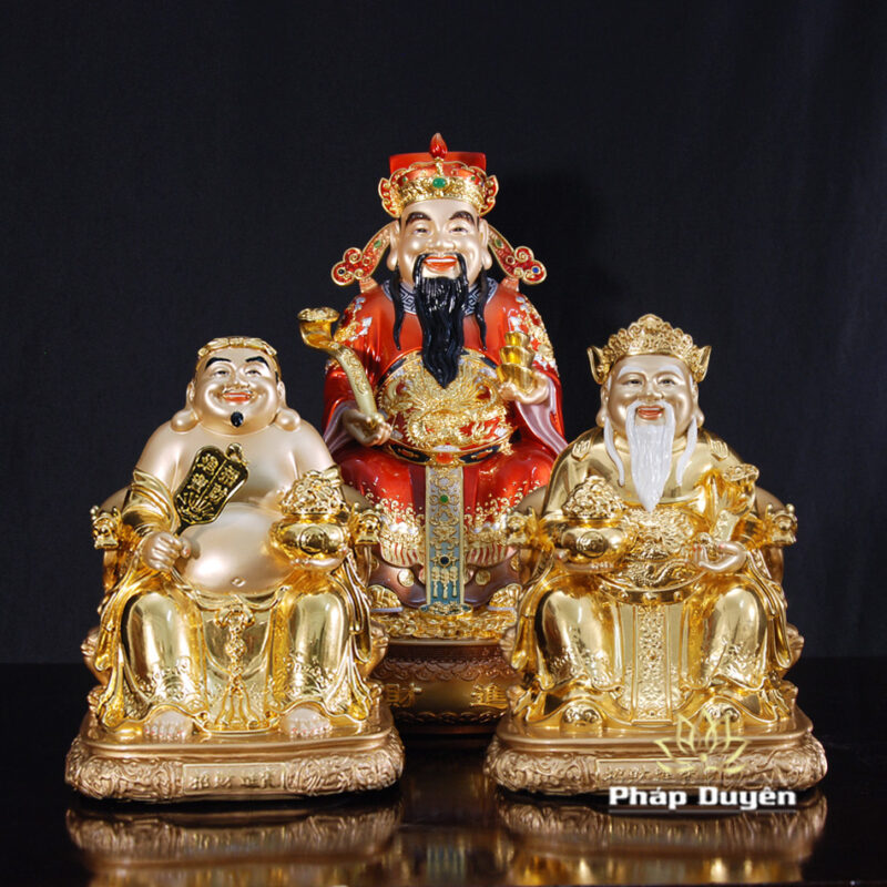 Bộ Tam Tượng Thần Tài Địa - Như Ý Ngồi "Tài Nguyên Quảng Tiến", Đồng Dát Vàng Ấn Bảo, Cỡ Trung - Ảnh 2