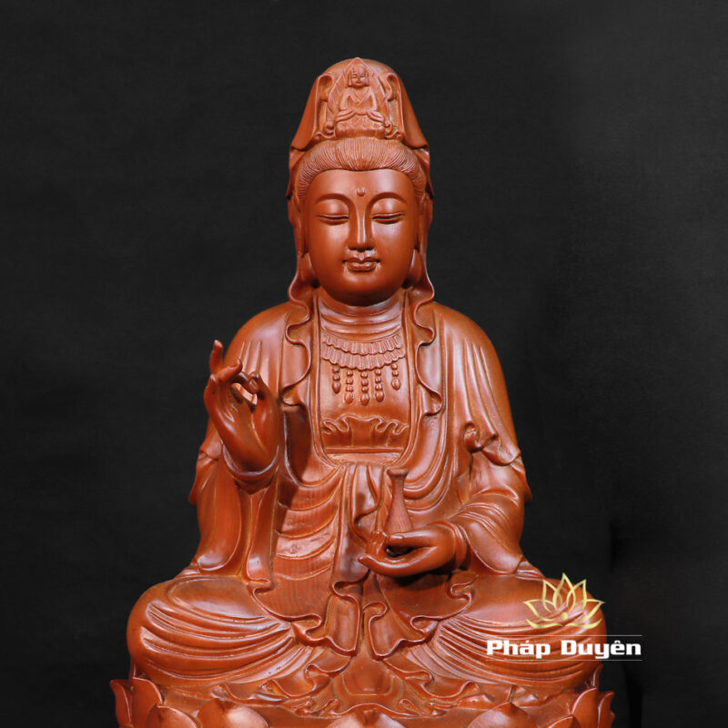 Tượng Phật Quán Thế Âm Ngồi Gỗ Gõ Vàng (Sơn Nâu Đỏ), Cao 50cm - Ảnh 4