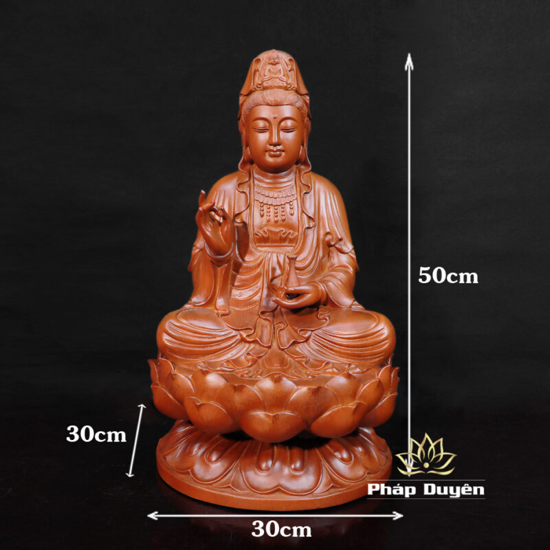 Tượng Phật Quán Thế Âm Ngồi Gỗ Gõ Vàng (Sơn Nâu Đỏ), Cao 50cm - Ảnh 6