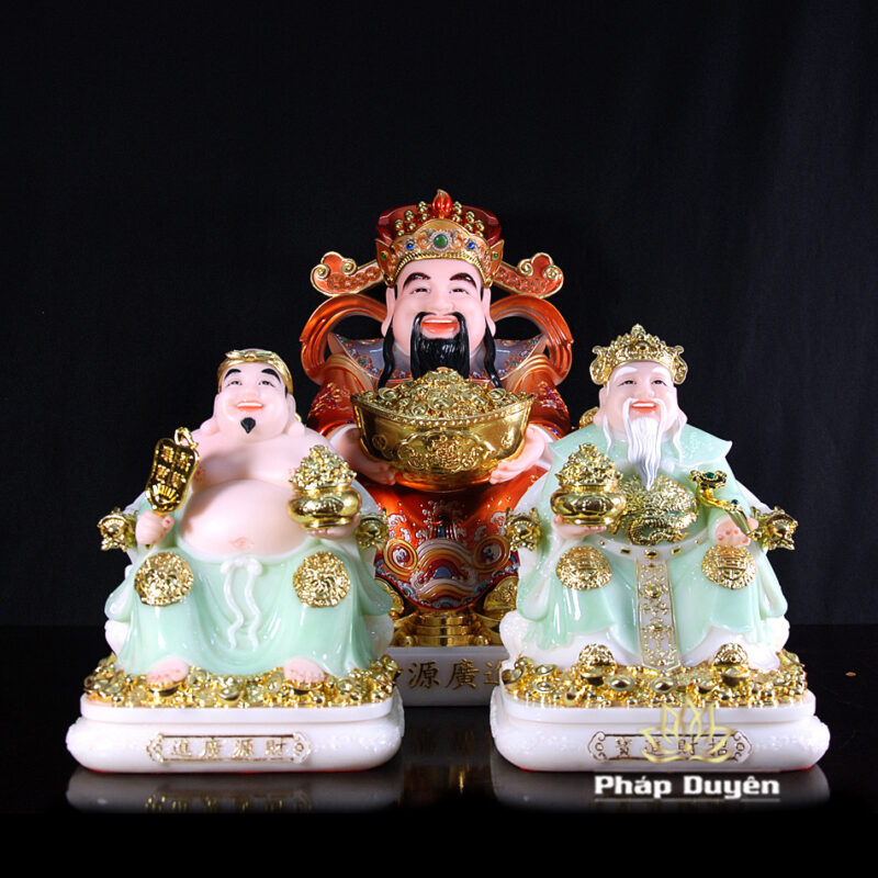 Bộ Ba Ngài Thần Tiền Bột Đá Áo Đỏ, Thần Tài - Thổ Địa Bột Đá Thanh Ngọc, Cỡ Trung - Ảnh 2