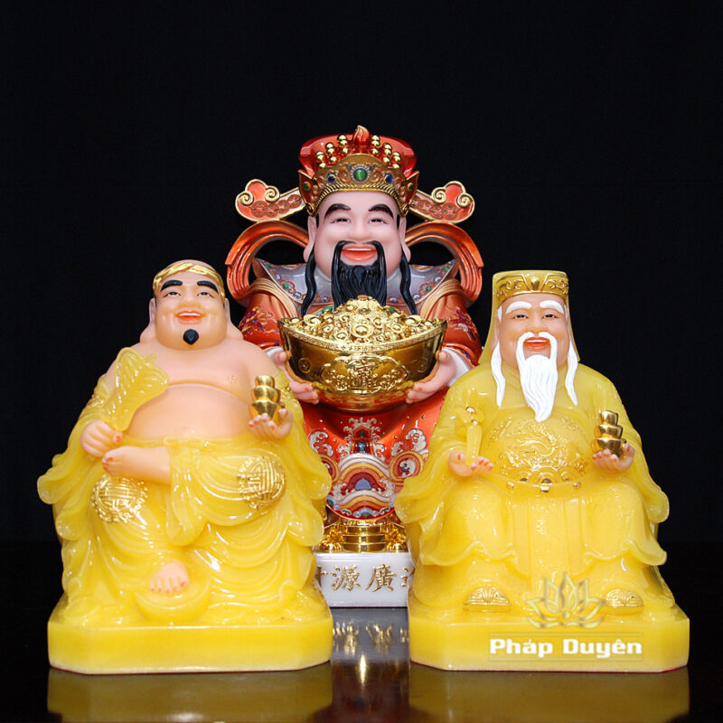 Bộ Tam Tượng Thần Tài Địa - Như Ý Ngồi "Tài Nguyên Quảng Tiến" Bột Đá Thạch Anh Đế Vuông, Cỡ Trung - Ảnh 2
