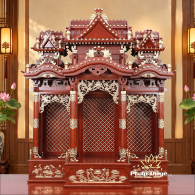 Hình ảnh bổ sung của Combo Ban Thờ Thần Tài Thổ Địa Ba Gian "Thái Hòa Hưng Vượng" Gỗ Hương, Màu Cánh Gián Dát Vàng, Kích Thước 153*127*189cm